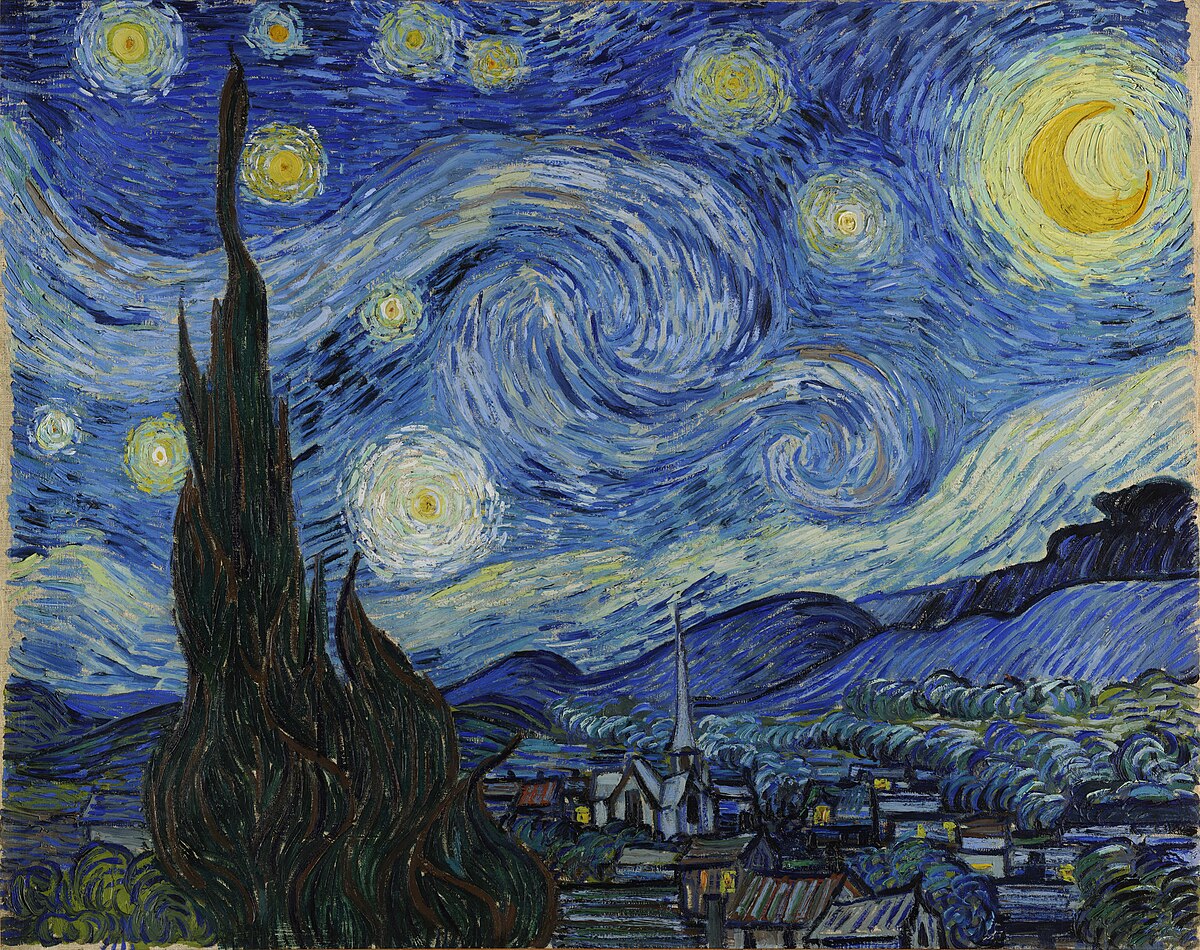 Image of the famous painting starry night by Vincent van Gogh displaying a swirly idea of buildings under the crescent moon